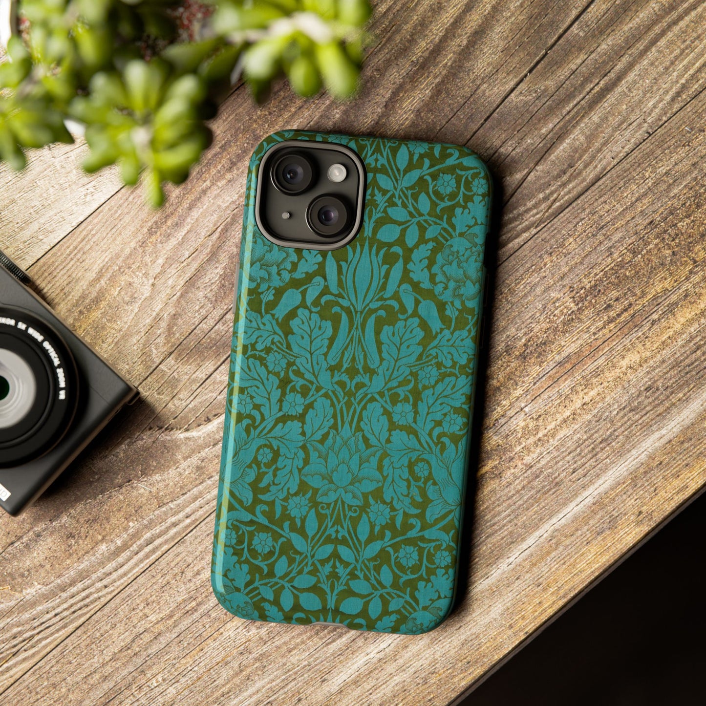 Aqua & Olive Oak Pattern by William Morris iPhone Case
