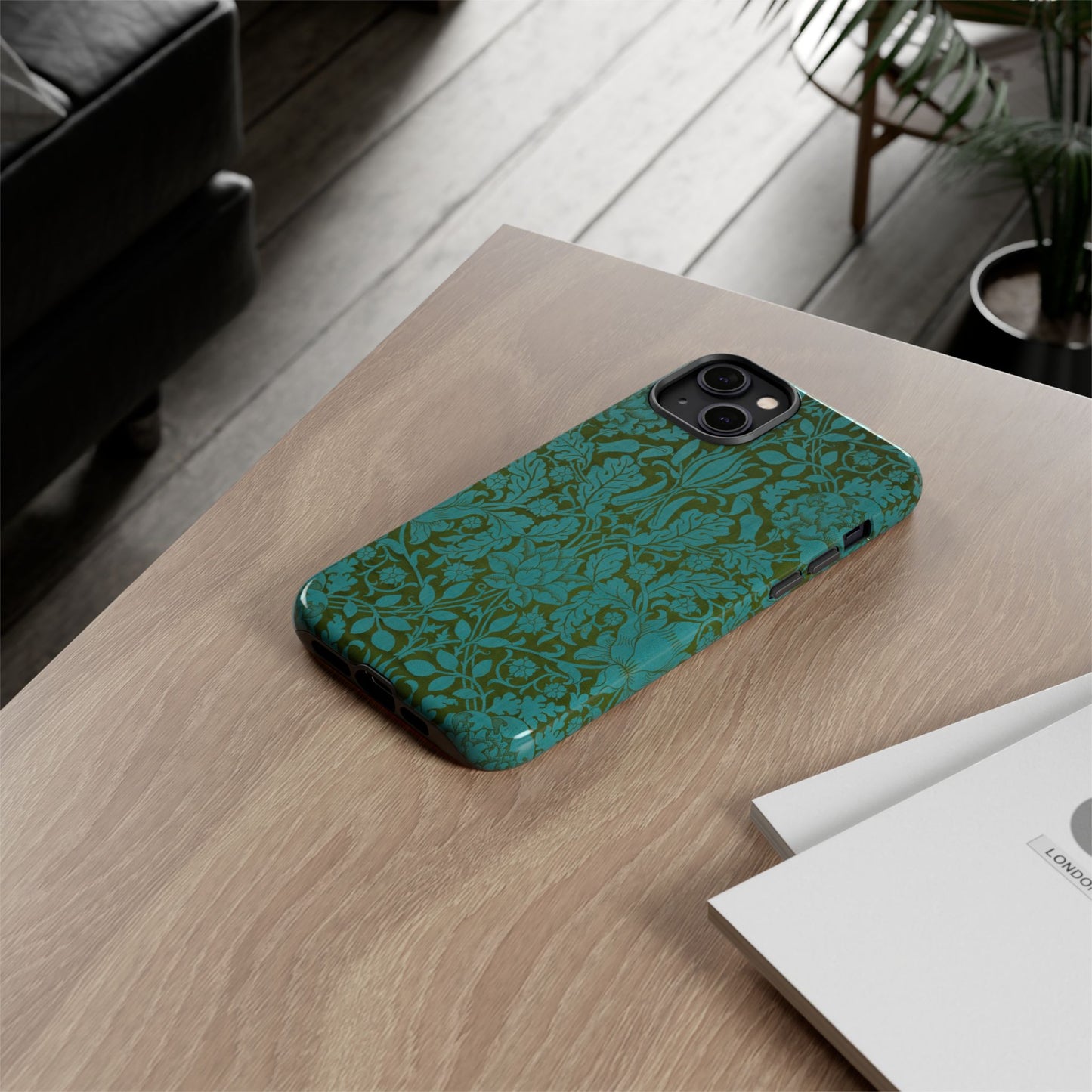 Aqua & Olive Oak Pattern by William Morris iPhone Case