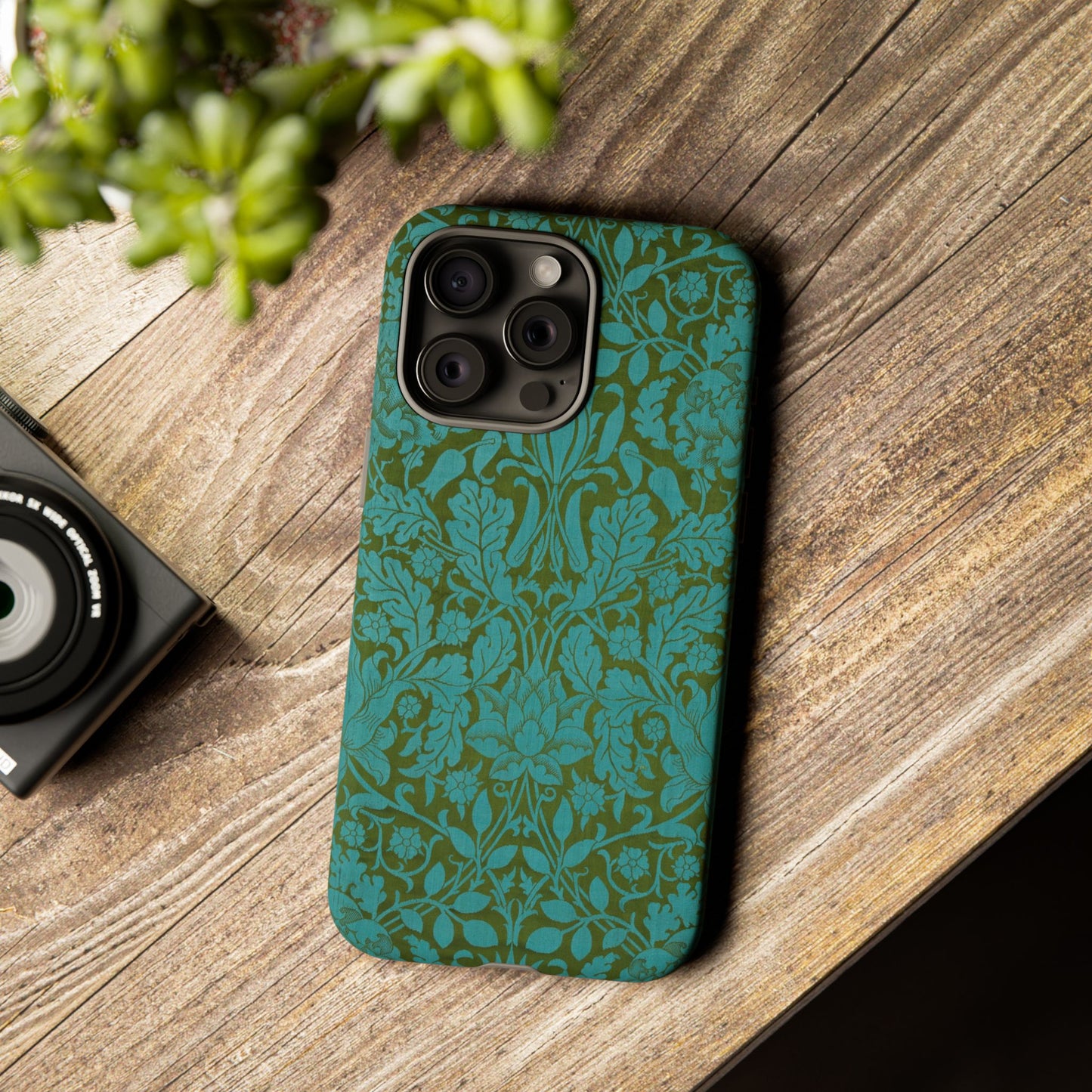 Aqua & Olive Oak Pattern by William Morris iPhone Case