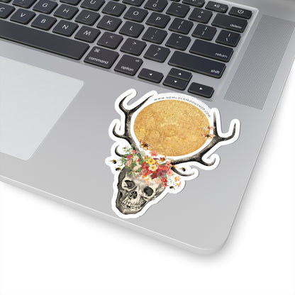 Full Moon Skull with Antlers and Crown of Wildflowers Sticker (4 sizes)