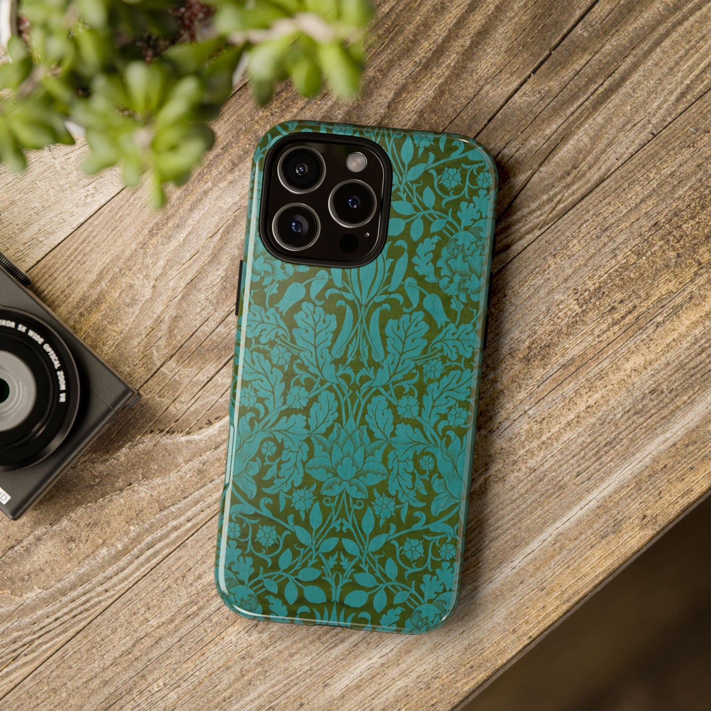 Aqua & Olive Oak Pattern by William Morris iPhone Case