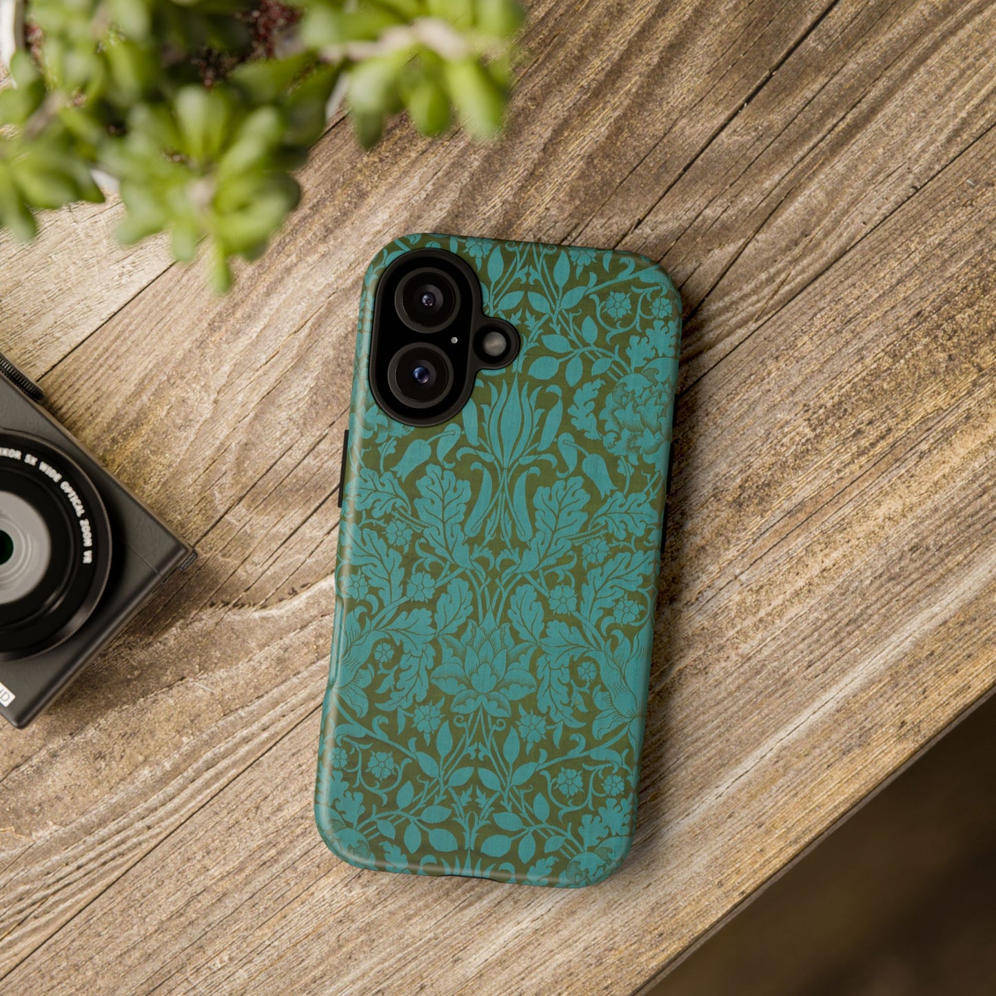 Aqua & Olive Oak Pattern by William Morris iPhone Case
