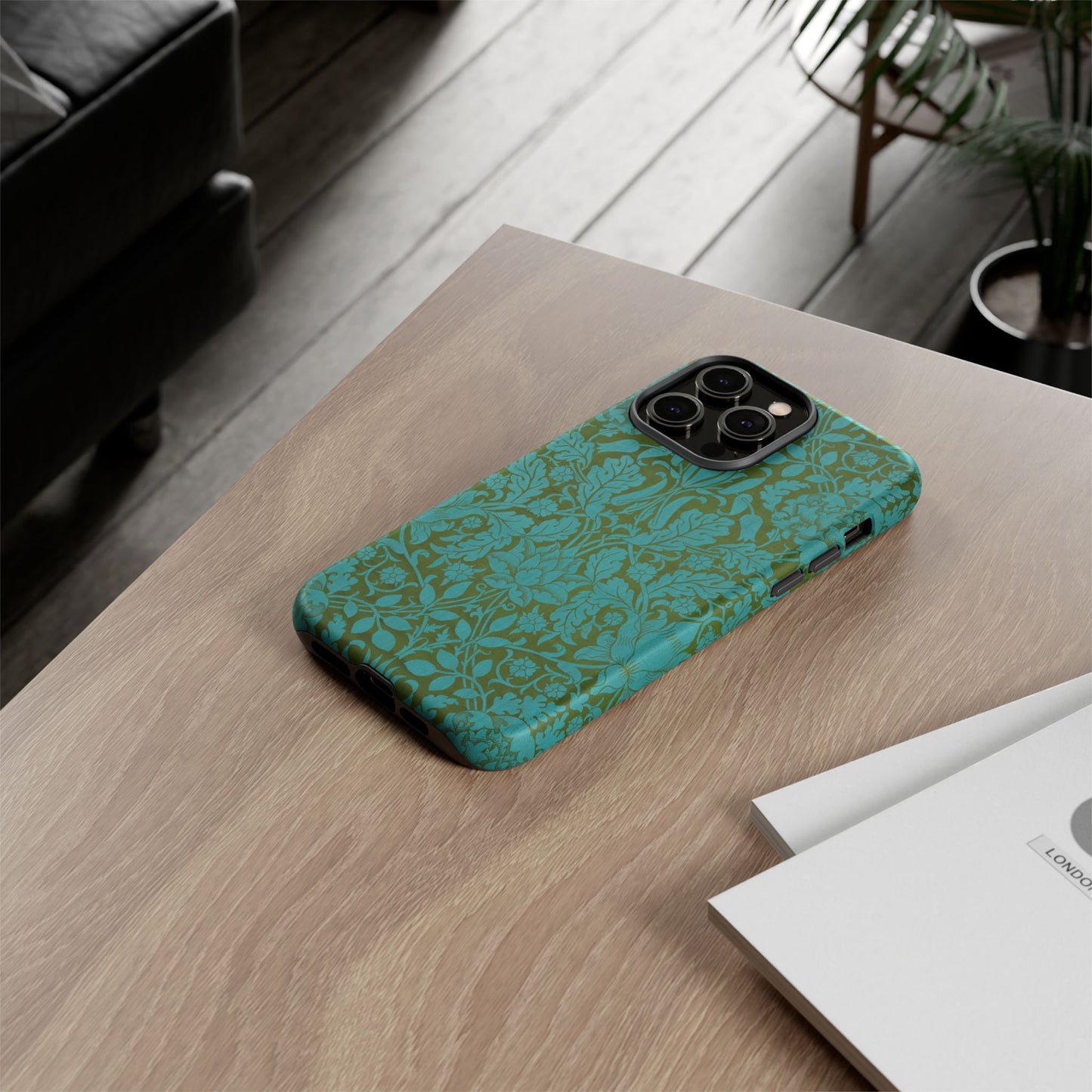 Aqua & Olive Oak Pattern by William Morris iPhone Case