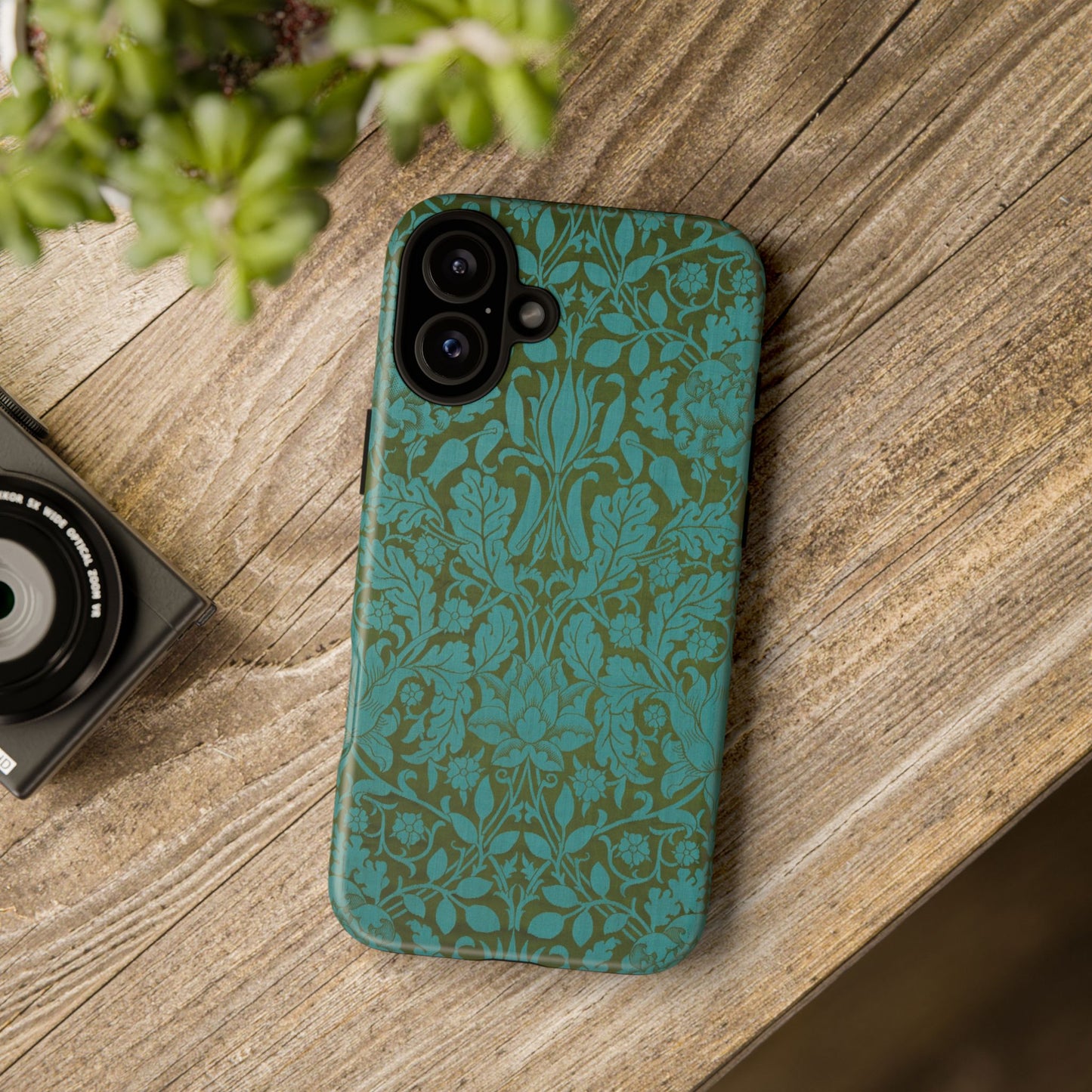 Aqua & Olive Oak Pattern by William Morris iPhone Case