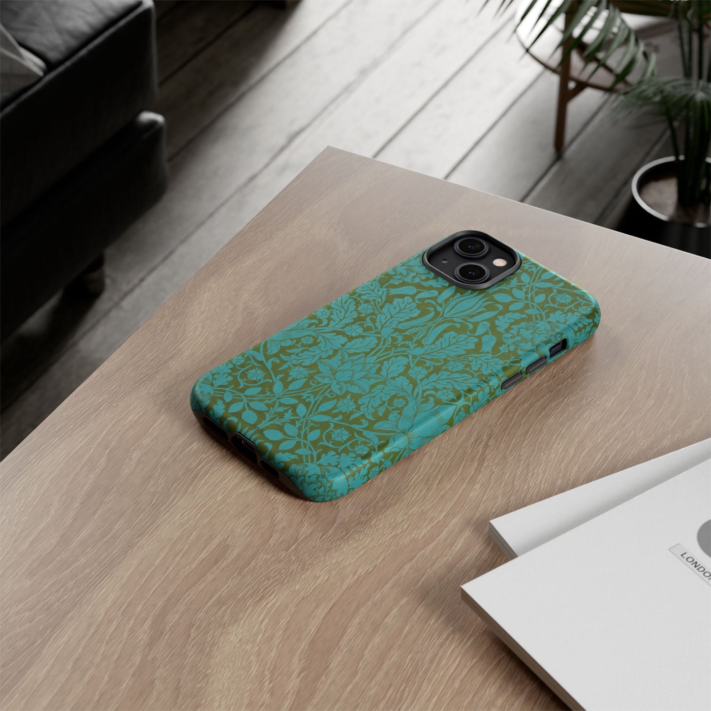 Aqua & Olive Oak Pattern by William Morris iPhone Case
