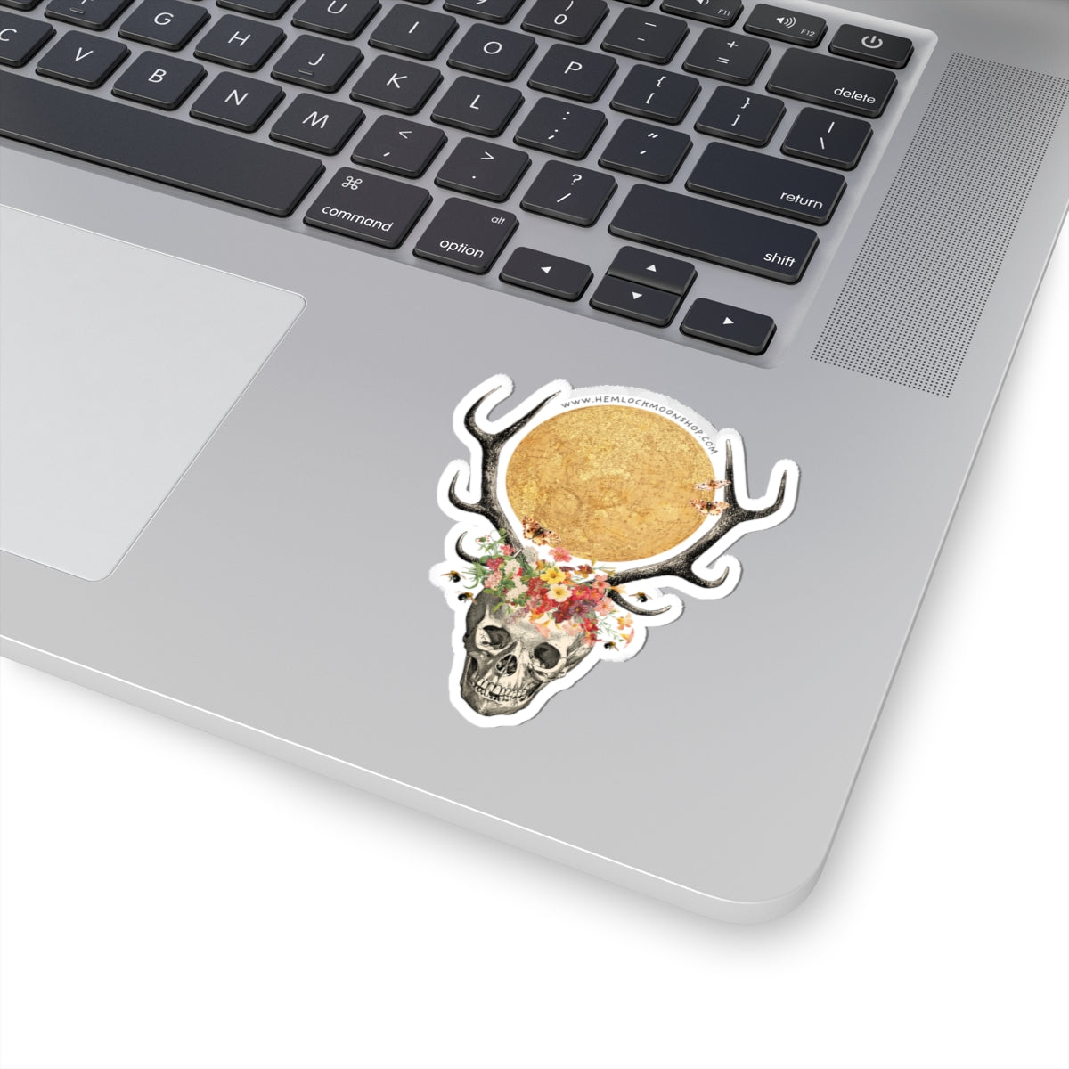 Full Moon Skull with Antlers and Crown of Wildflowers Sticker (4 sizes)