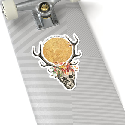 Full Moon Skull with Antlers and Crown of Wildflowers Sticker (4 sizes)