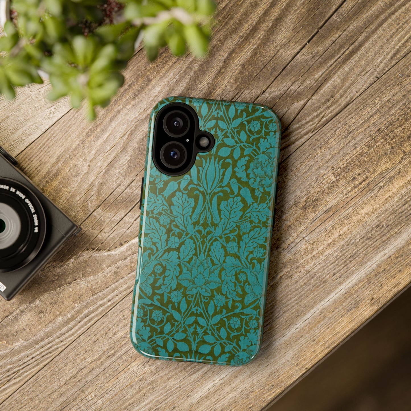 Aqua & Olive Oak Pattern by William Morris iPhone Case