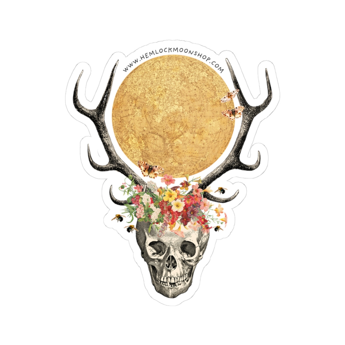 Full Moon Skull with Antlers and Crown of Wildflowers Sticker (4 sizes)
