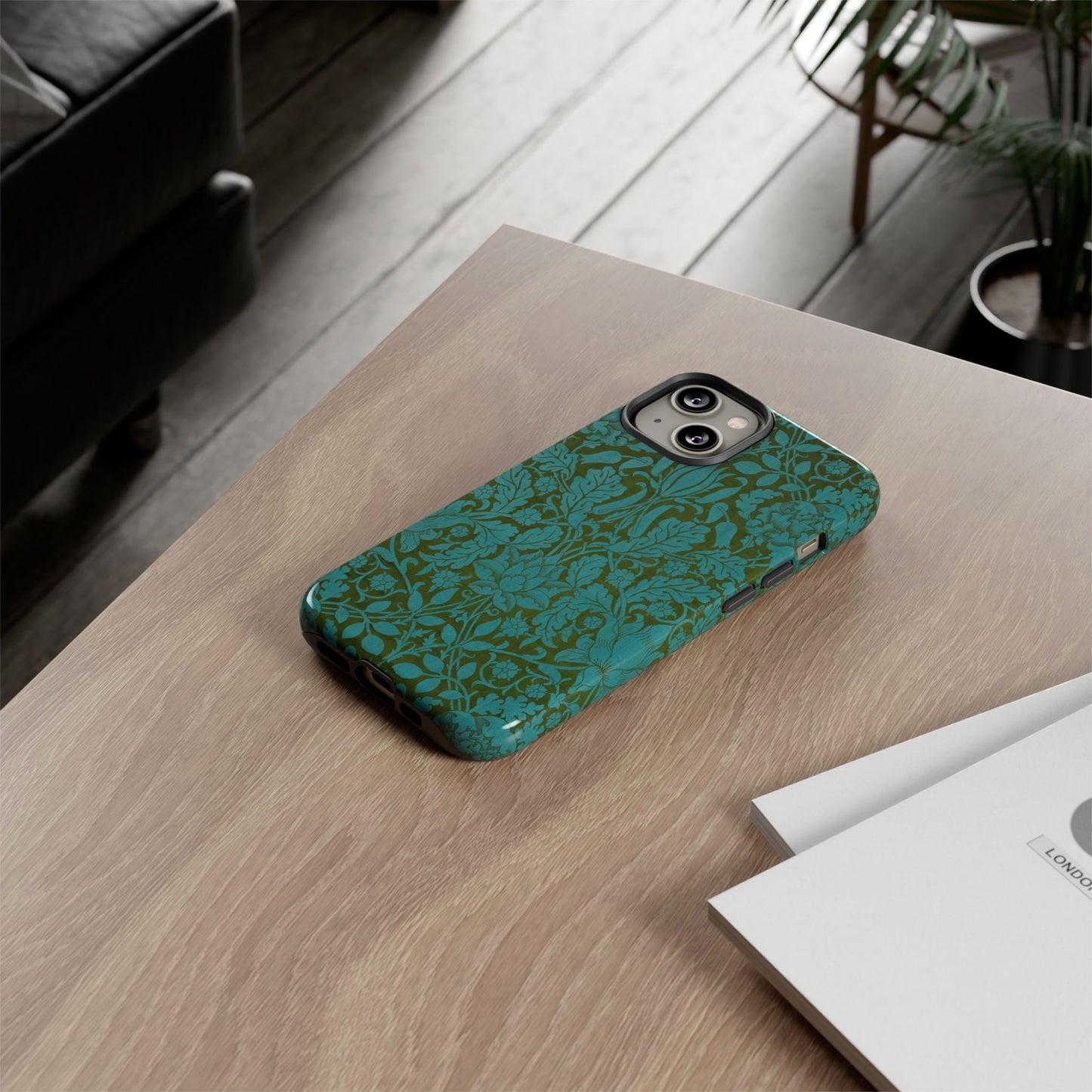 Aqua & Olive Oak Pattern by William Morris iPhone Case