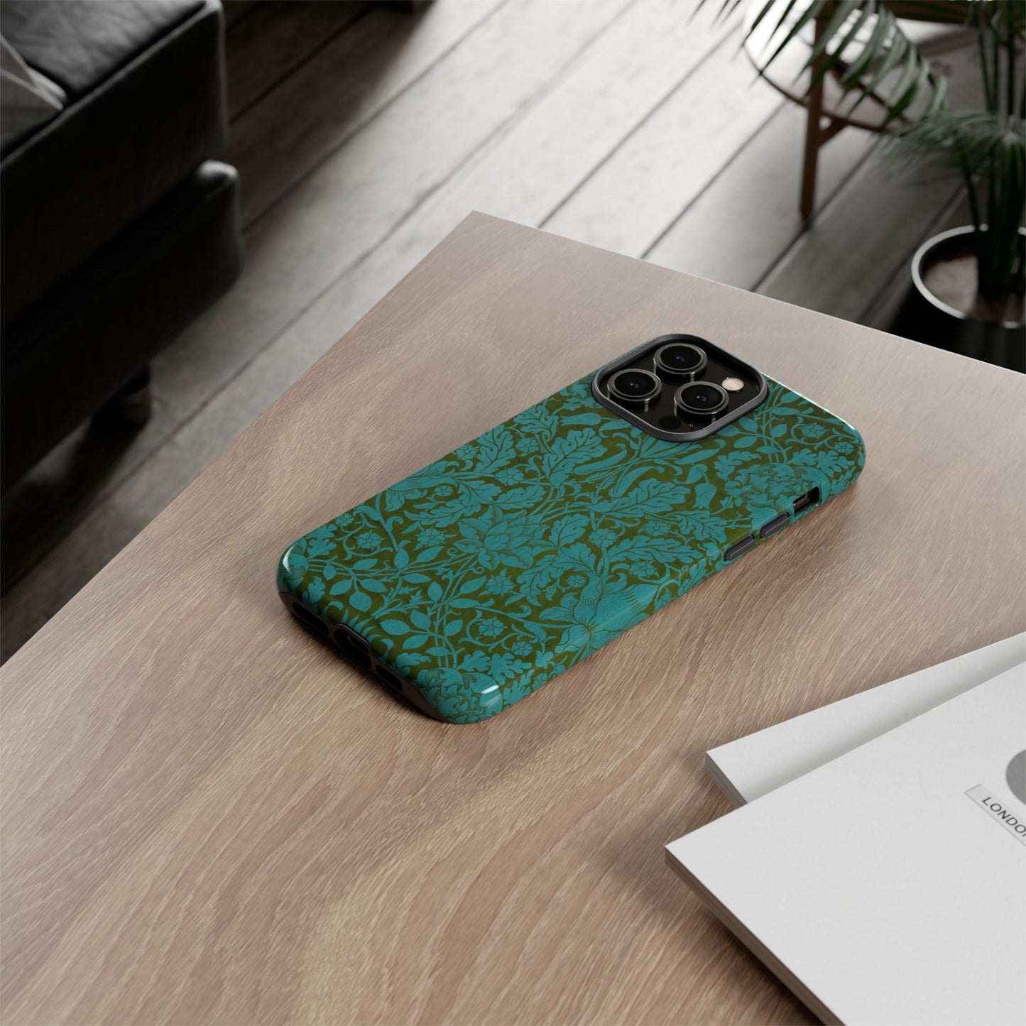 Aqua & Olive Oak Pattern by William Morris iPhone Case